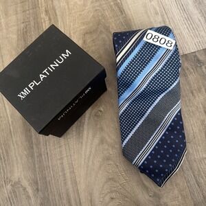 XMI Platinum Men's Silk Tie Navy Blue Tan Black Stripes with Box